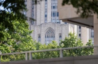 Section of Cathedral of Learning exterior with leaves