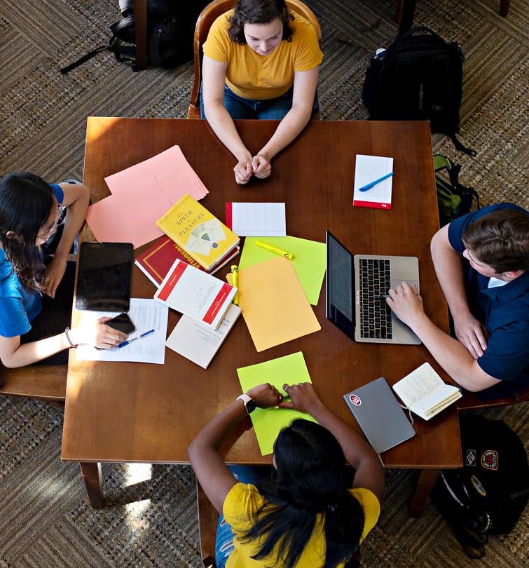 Bird's-eye view of Honors students collaborating. 