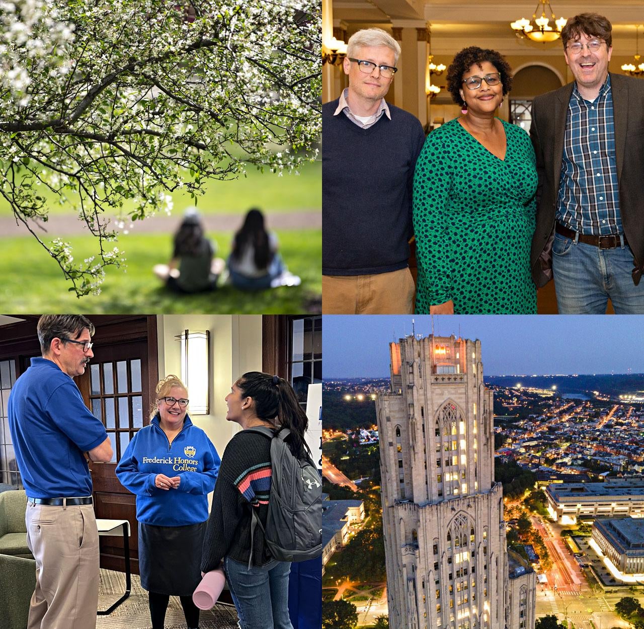 Photo collage highlighting students on campsus; scholar-mentors; Cathedral of Learning; and people attending and informational event.