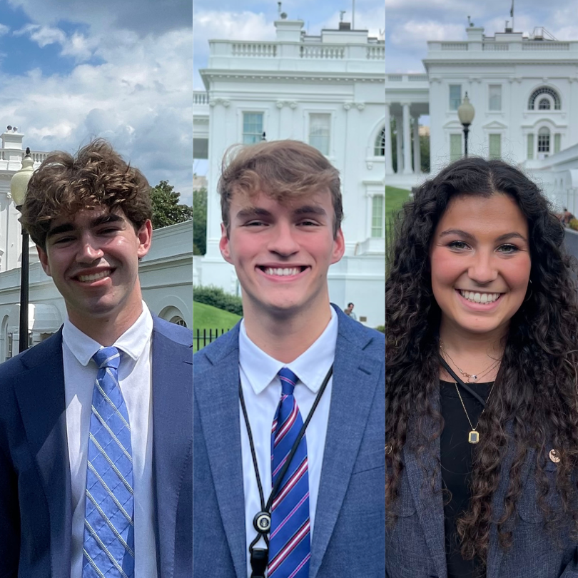 Liam Horan (left), Jake Lorenz (middle), and Sophia Shapiro (right) each standing in front of the White House.