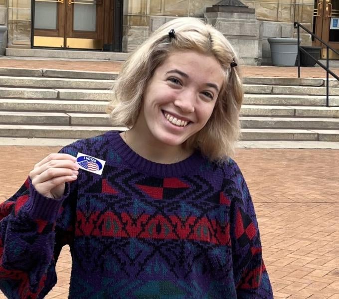 Marley Pinsky smiling outside Soldiers and Sailors
